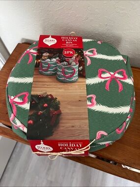 Merry Moments Green & Pink Holiday Canvas Bin - 2 Pack Rope Handles NWT